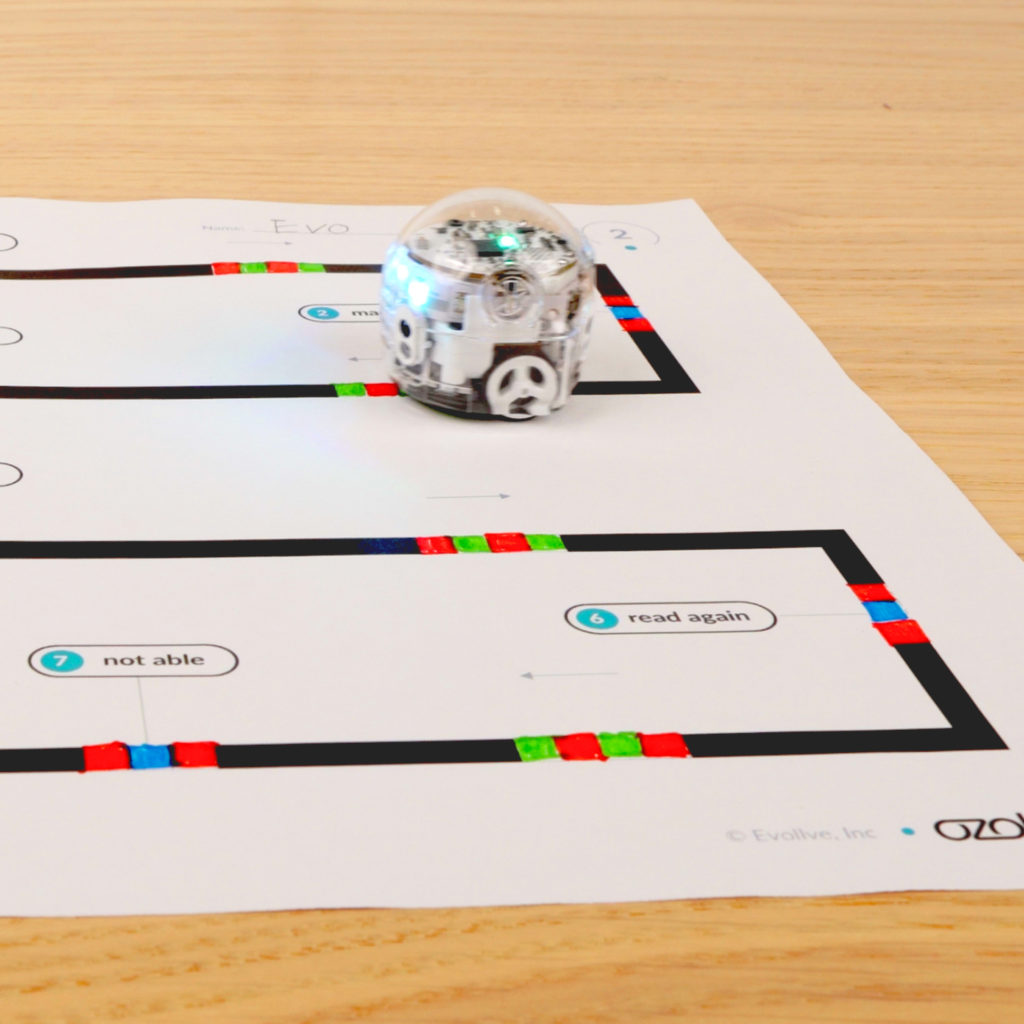 A picture from the Prefix Puzzle lesson where students use Color Codes to program their bots to move to definitions by Ozobot