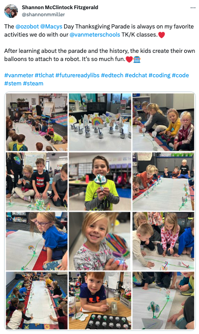 Collage of pictures showing students creating their own Thanksgiving Day parade balloons with Ozobots