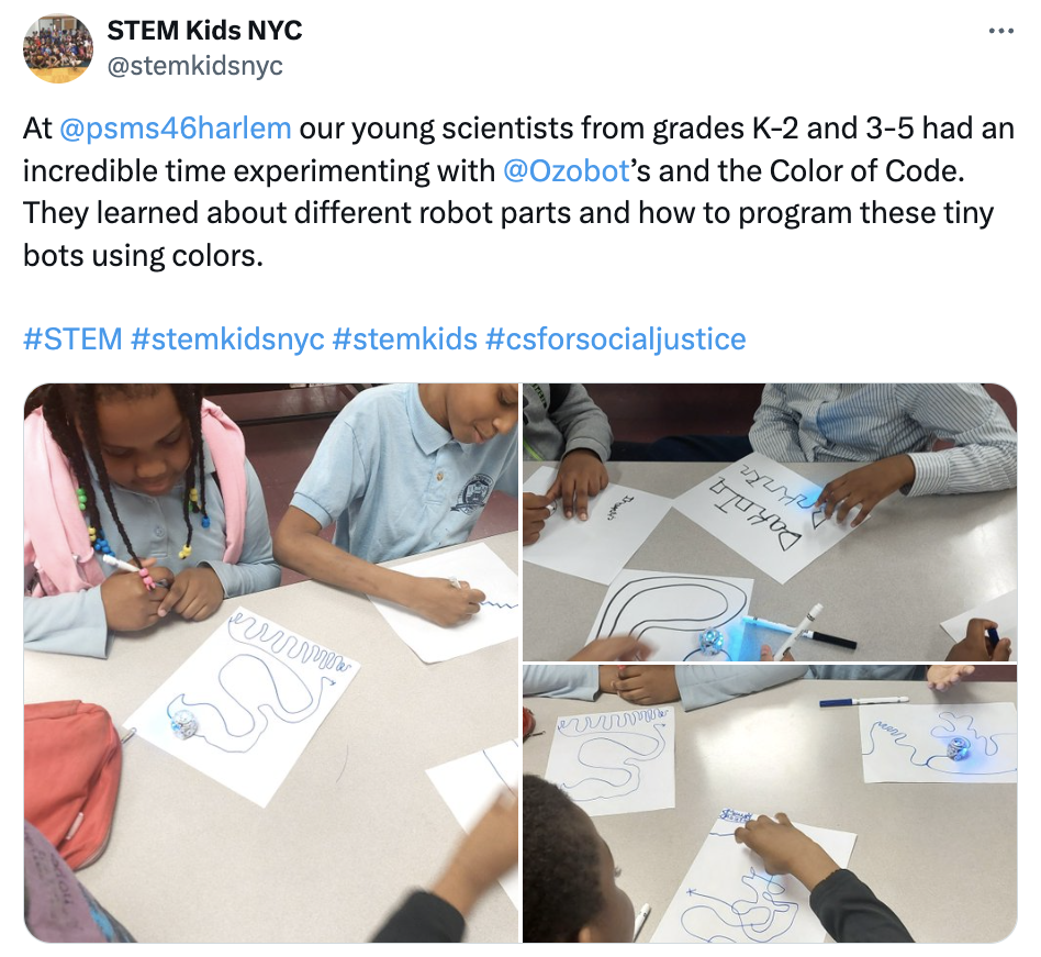 A picture collage of NYC STEM Kids experimenting with programming their Ozobots using Color Codes