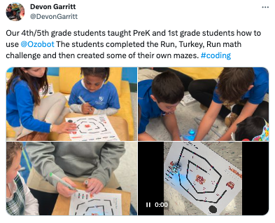 Collage of four photos showing students completing the Ozobot lesson Run, Turkey, Run