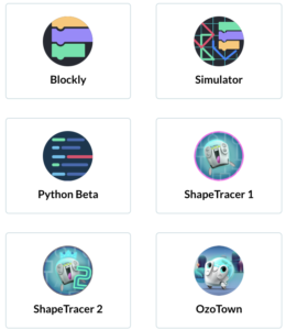 A picture of icons for Blockly editor, Simulator, and Challenges ( ShapeTracer 1, ShapeTracer 2, and OzoTown)