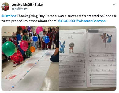 Two images showing students recreating the Thanksgiving Day parade with balloons and wrote about them