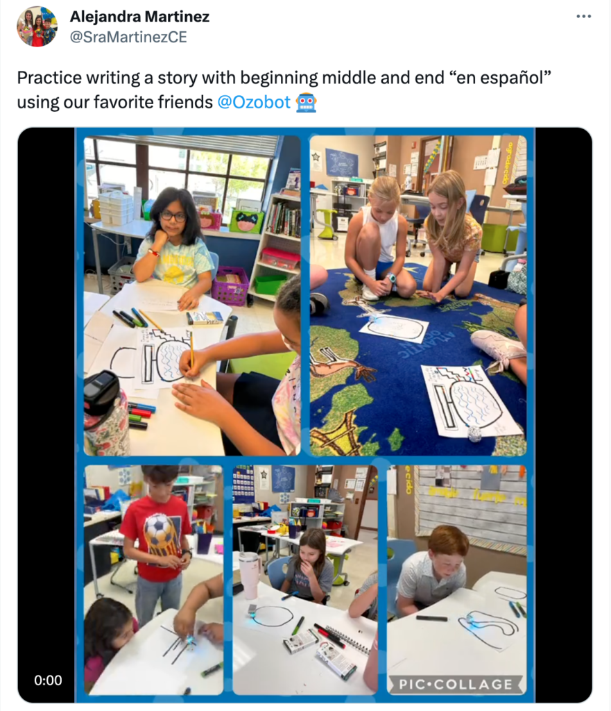 A collage of pictures showing students guiding Evo coding robot through their story timeline on paper in the classroom
