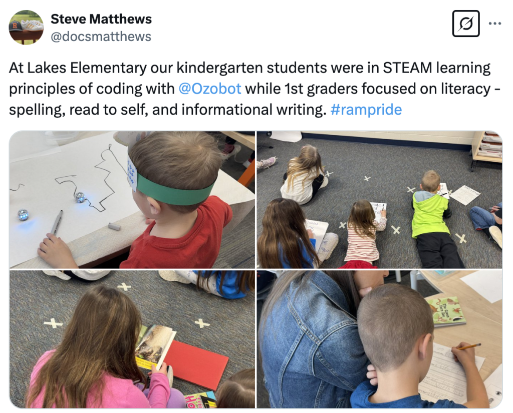 Kindergarteners use Ozobot for STEAM learning principles and first graders focused on literacy - spelling, read to self, and informational writing.