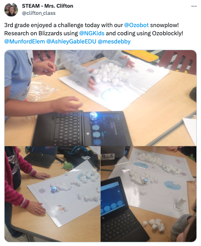 Collage of pictures showing students using Ozobot Blockly to code Ozobots to push the snowplow out of the way in this STEAM activity