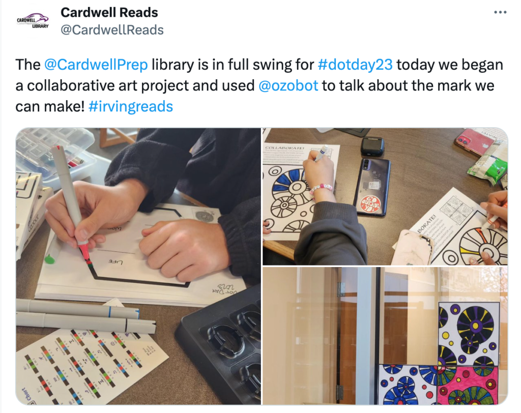 A collage of pictures showing students collaborate on art projects using color codes for their bots to navigate in this STEM lesson