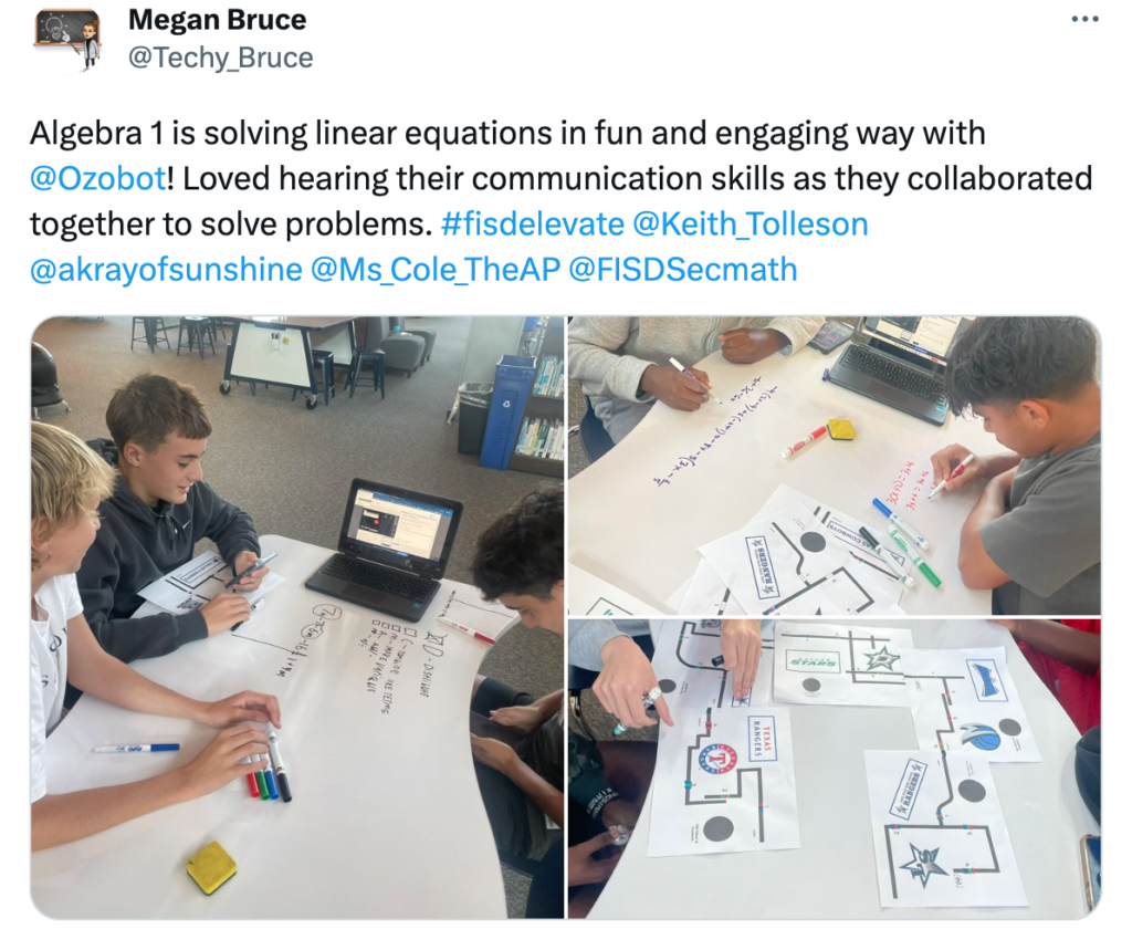A collage of pictures showing Algebra 1 students using Ozobot to solve linear equations.