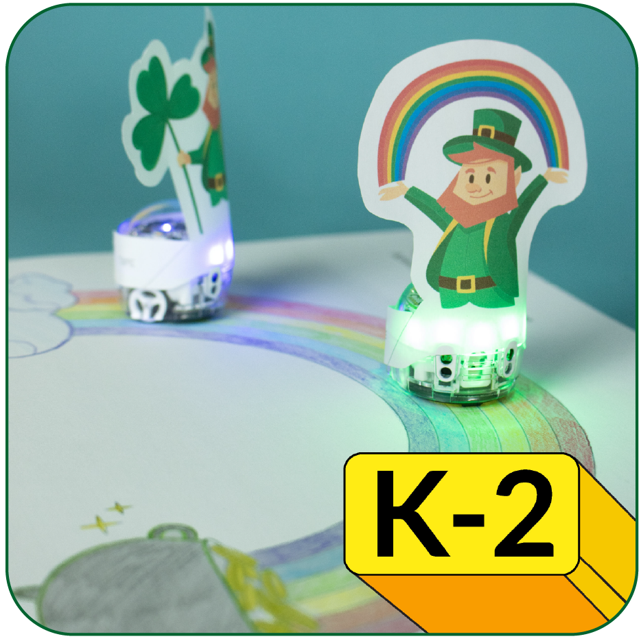 March Lesson Spotlight: students use Blockly program to move Ozobot across the rainbow to the pot of gold. For grades K-2