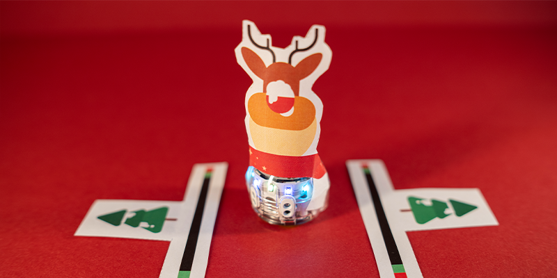 Video lessons for the holidays: A picture of Evo dressed up as a reindeer for Reinbot Landing Practice STEAM lesson