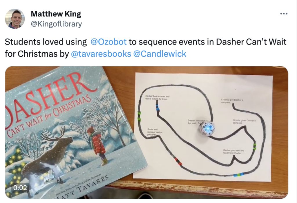 A picture from the Can't Wait for Christmas lesson. Students create a color coded story sequence guiding their Ozobots through the plot of "Dashing Can't Wait for Christmas"