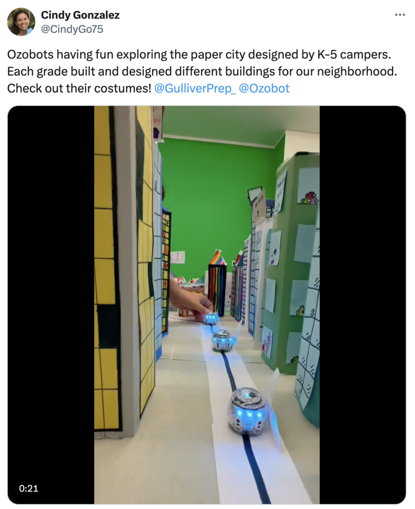 A picture from Cobot Neighborhood STEM activity where students build a neighborhood for Evo to travel through