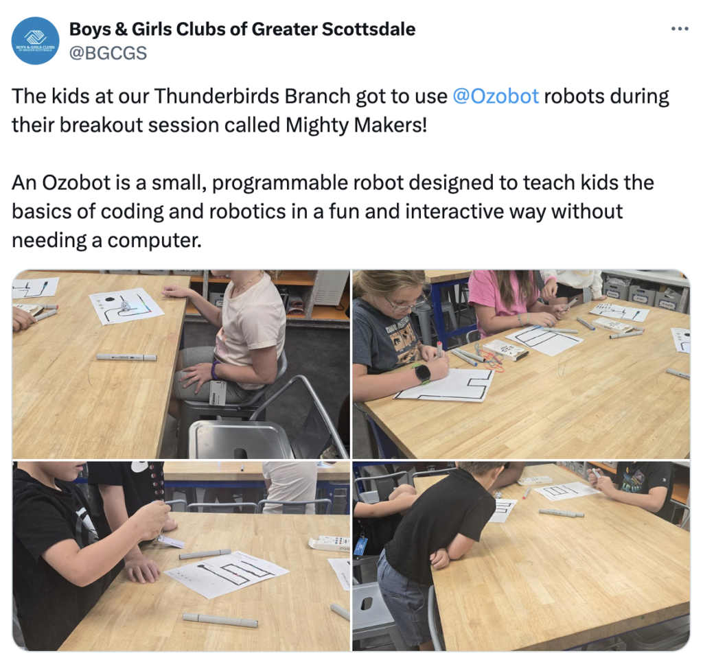 A collage of pictures showing students at Thunderbirds Branch Boys & Girls Club using Ozobot robots to learn the basics of coding and robotics screen-free