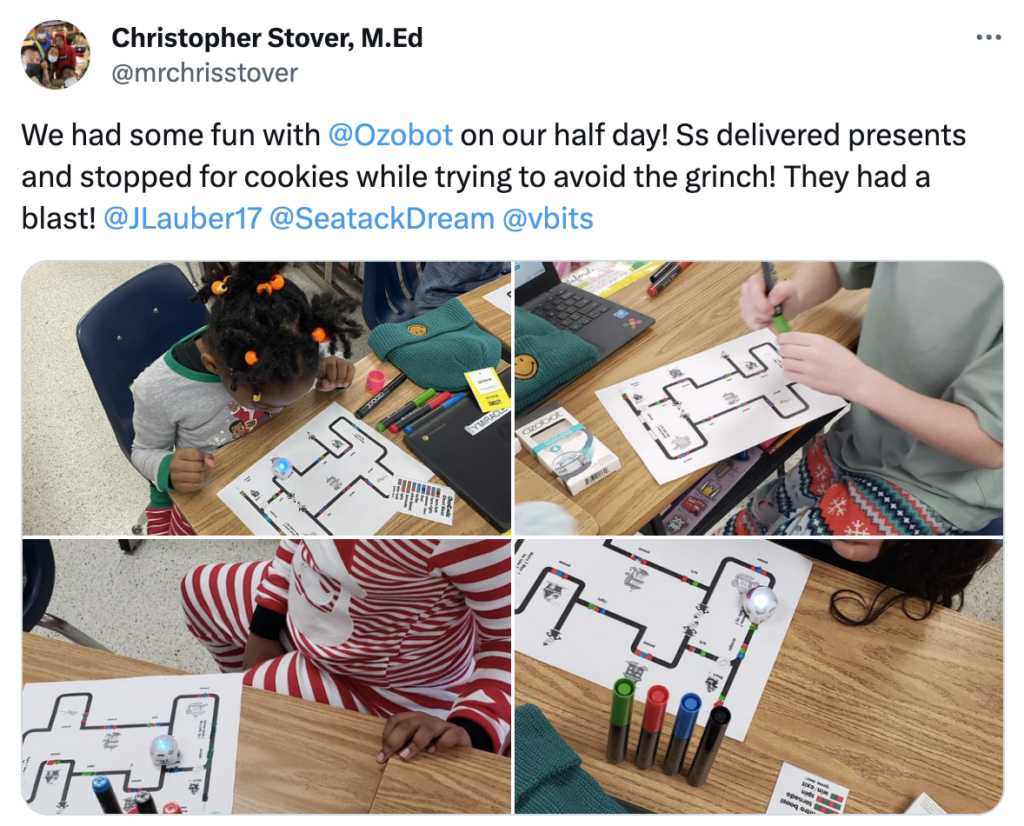 A picture collage of students participating in a holiday themed STEAM activity using color codes