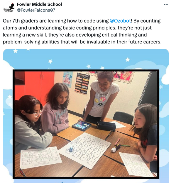 Seventh grade students learn to code with Ozobot
