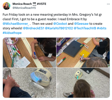 Collage of images showing students using Ozobot and Seesaw to create storywheels in this STEAM activity